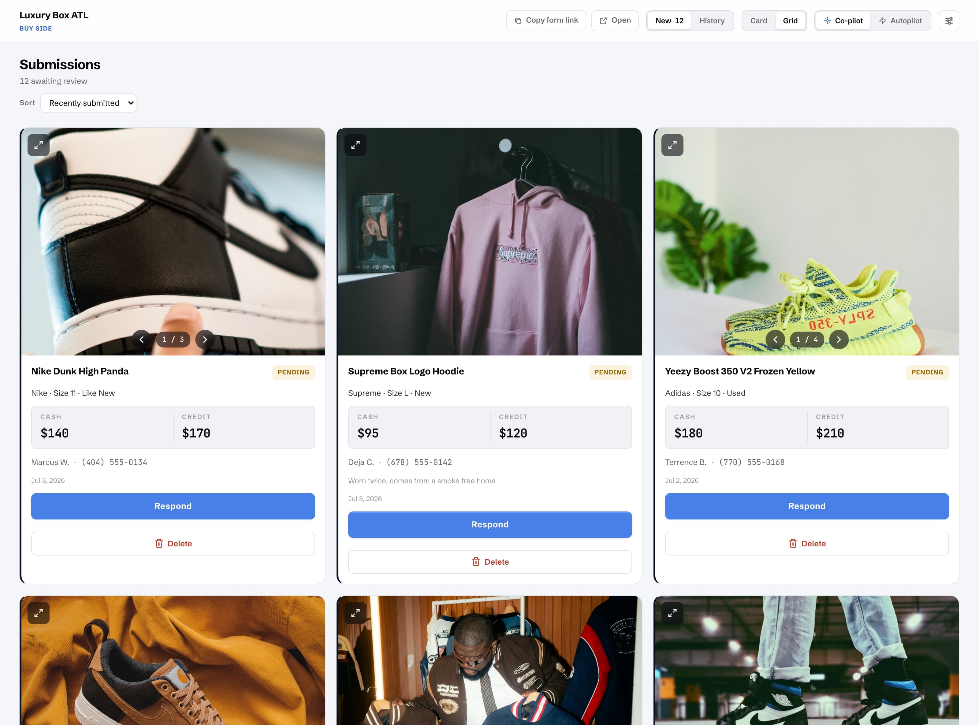 The StoreFleet buy-side queue: seller submissions with photos and cash/credit offers, example data