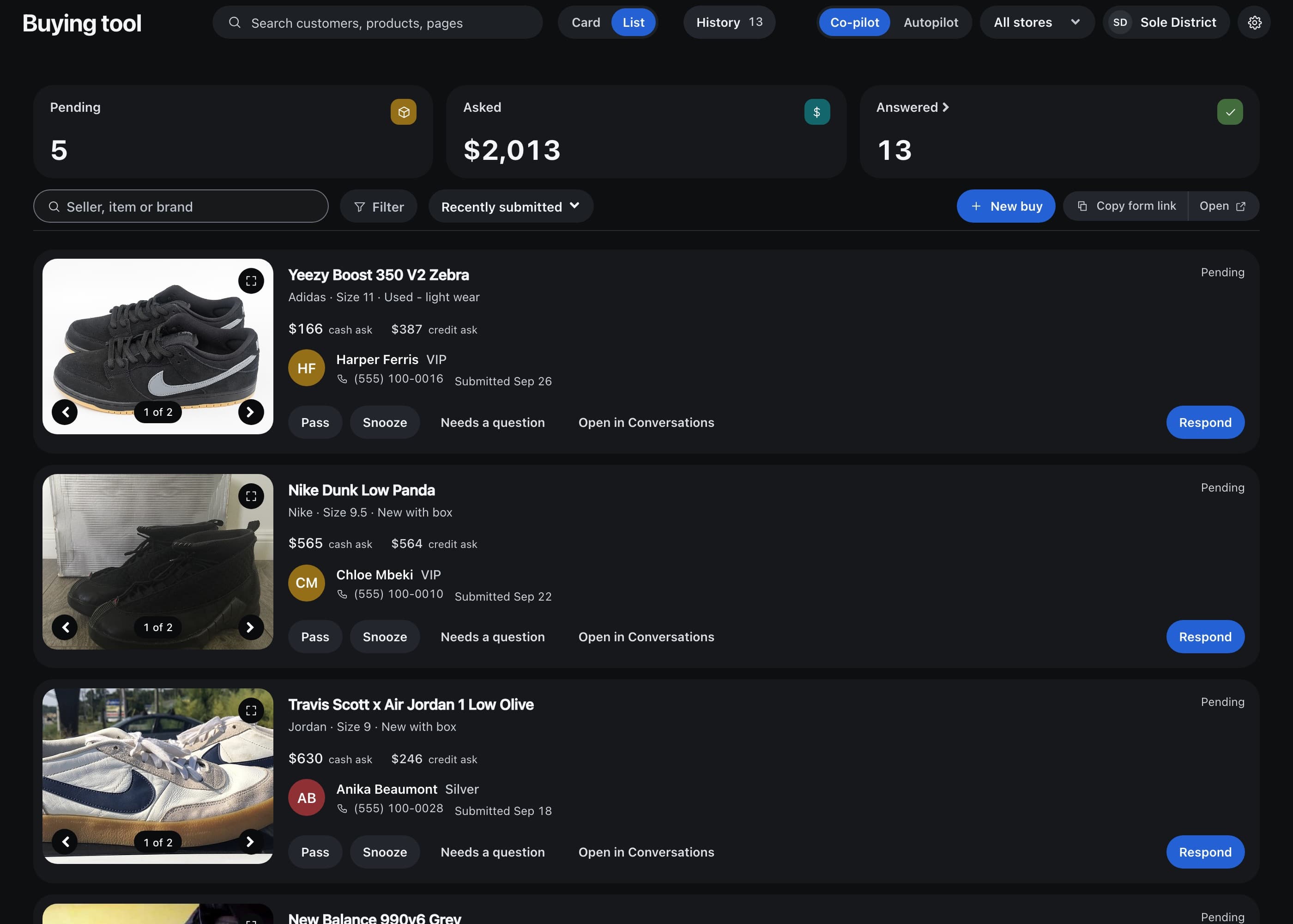 The StoreFleet buy-side queue: seller submissions with photos and cash/credit offers, example data