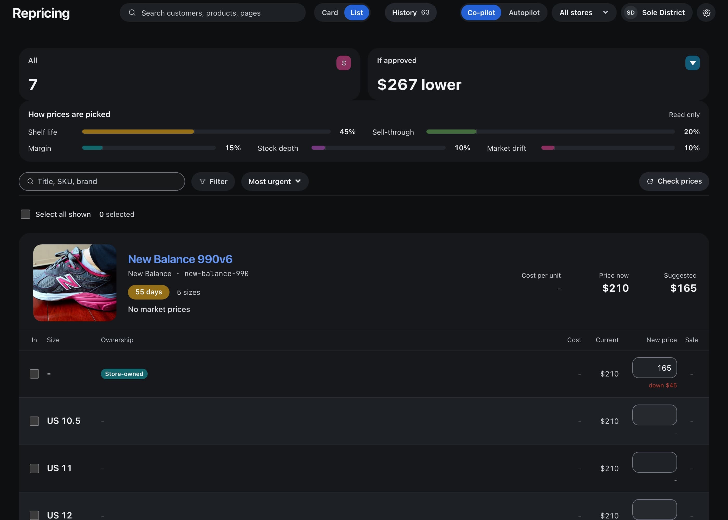 The StoreFleet repricing queue: tuned weights and one-tap approvals, example data